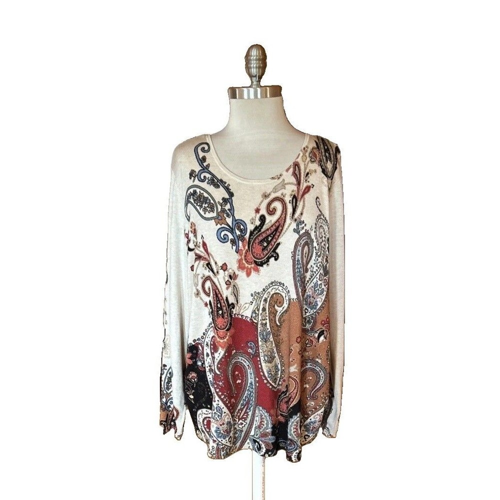 Chico's 3 (XL) Paisley Sweater Cream Lightweight Knit Artsy Fall Colors Office
